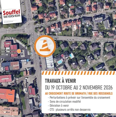 Travaux Souffelweyersheim, au croisement entre la route de Brumath et la rue des Rossignols