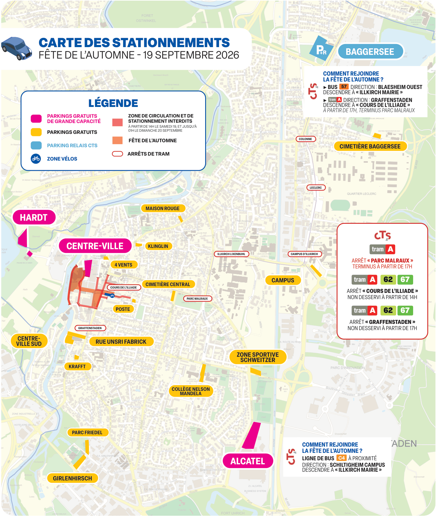 Carte des stationnements &agrave; proximit&eacute; de la f&ecirc;te de l'automne et des acc&egrave;s possible via le r&eacute;seau CTS.